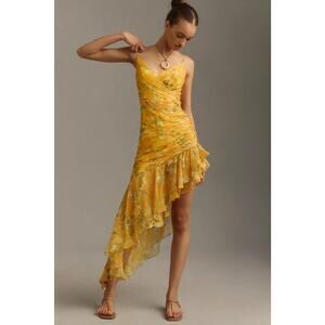 Mac Duggal Sleeveless Asymmetrical Ruffled Midi Dress Yellow Floral 12 NWT Party